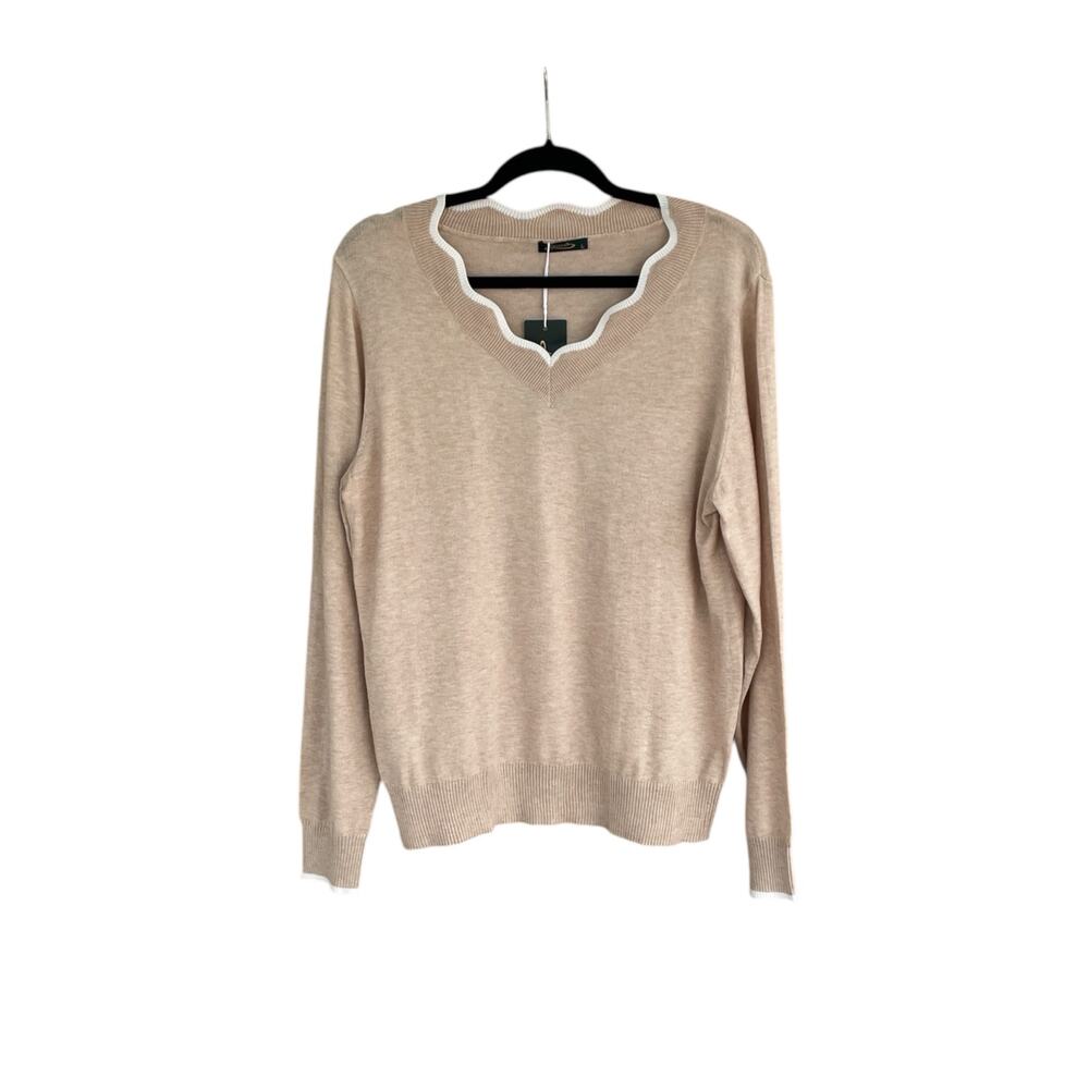 Ofeefan Sweater Size L Pullover Beige Scalloped V-Neck Soft Knit Neutral